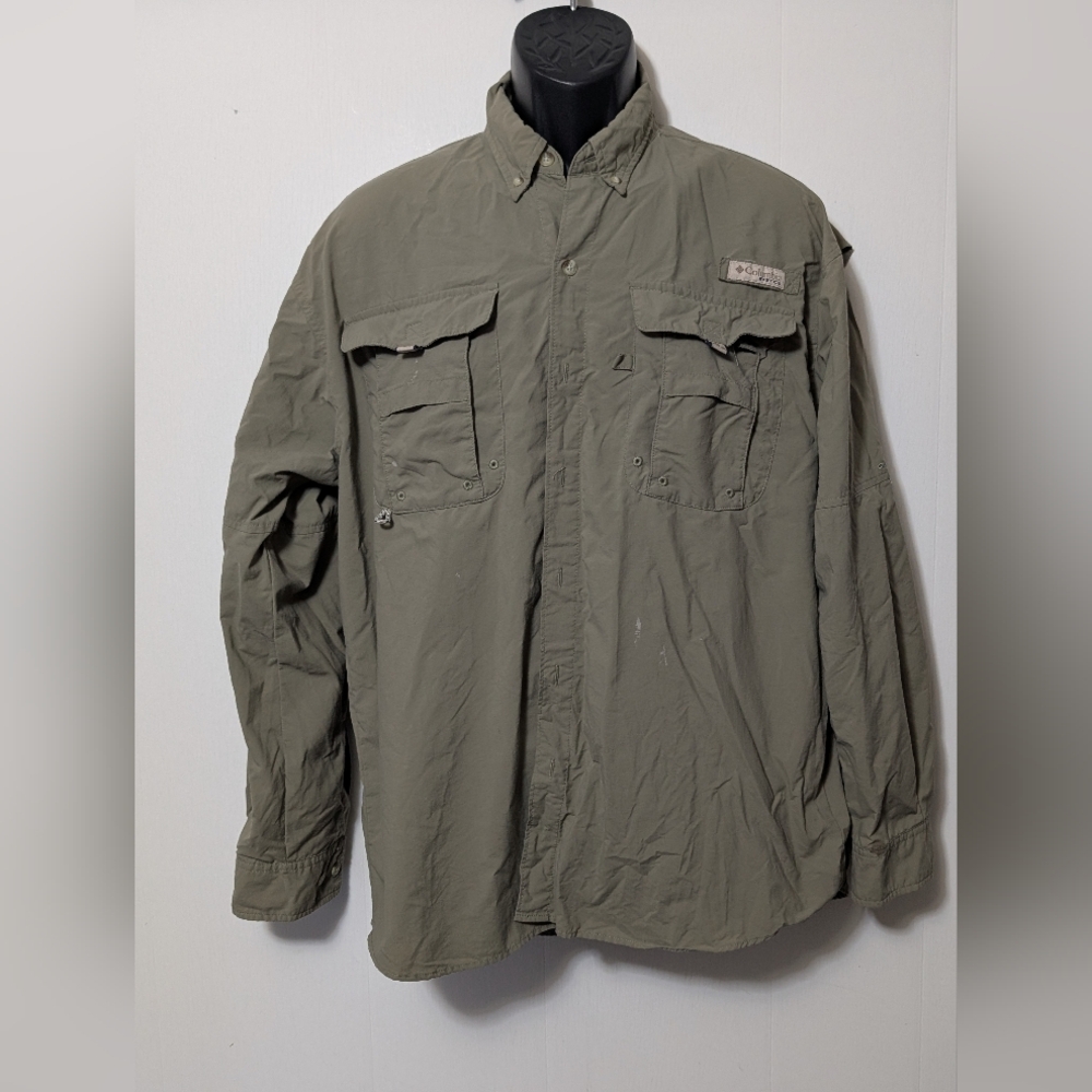 Men's Columbia PFG Omni Shade Long Sleeve Shirt Size Medium Vented Khaki Green